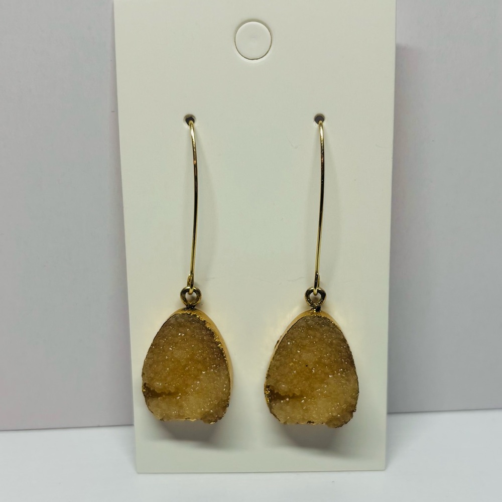 Tan Druzy and Gold Drop Earrings